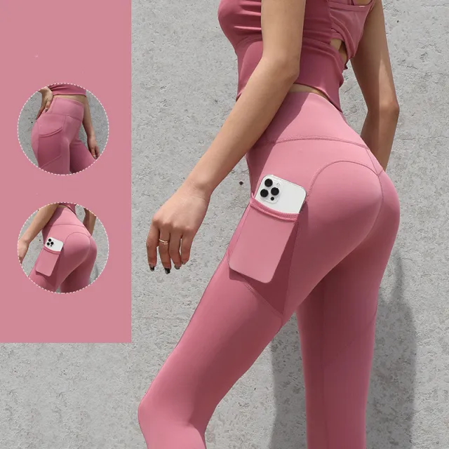 Peach Hip Pants Gym Suit High Waist Stretch Bottoming Running Sports Suit Yoga Pants Side Pocket Bean Paste Powder - Shop at LoveMi