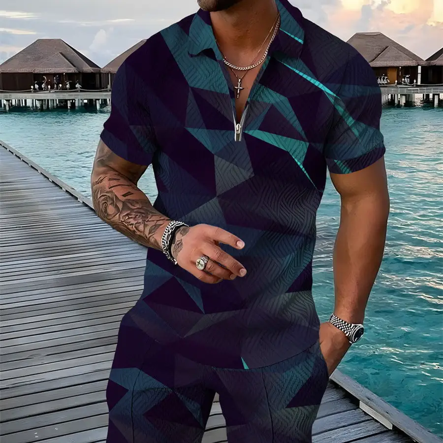 Men's Summer Fashion 3D Printed Short Sleeve Geometric Zip Lapel Shirt Set