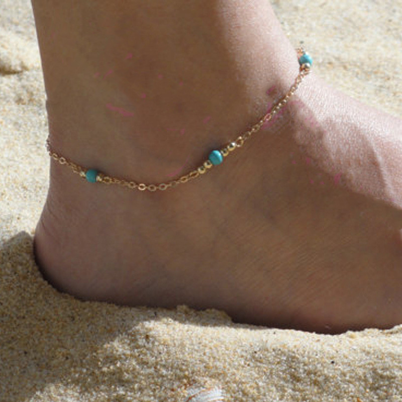 Hand‑Beaded Blue Turquoise Anklet – Gold Chain Adjustable 22+5CM Women’s Simple
