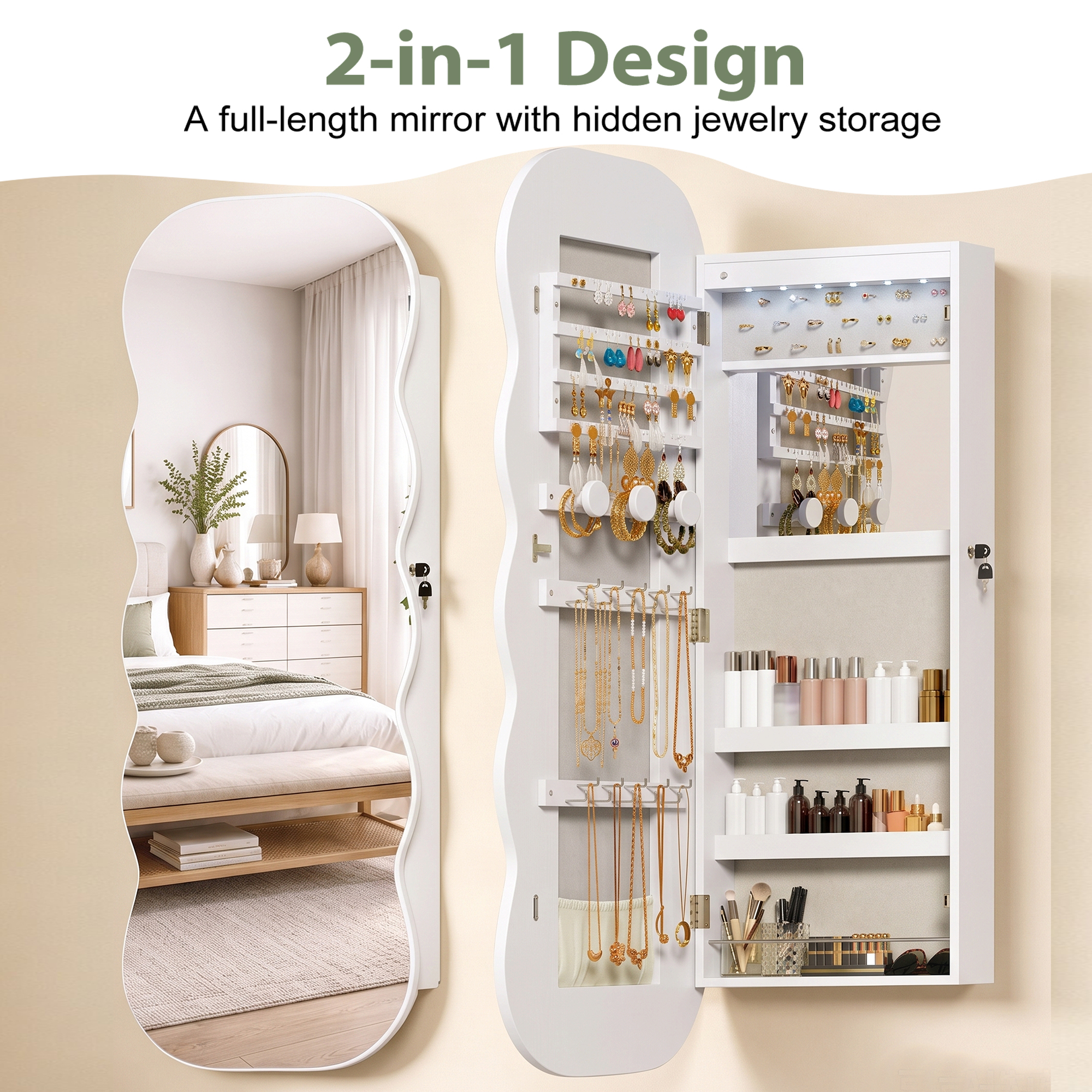 42.5IN Wall Mounted Jewelry Cabinet With Full Length Mirror, Storage Organizer Box, Over The Door… image 3