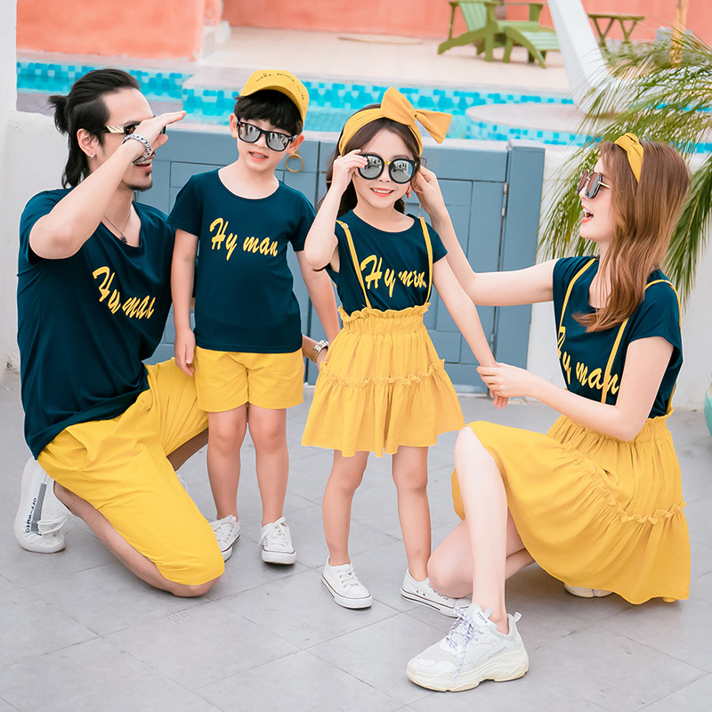 Short sleeved Suspender Skirt Suit Family Dress Korean Summer Dress Yellow - Shop at LoveMi