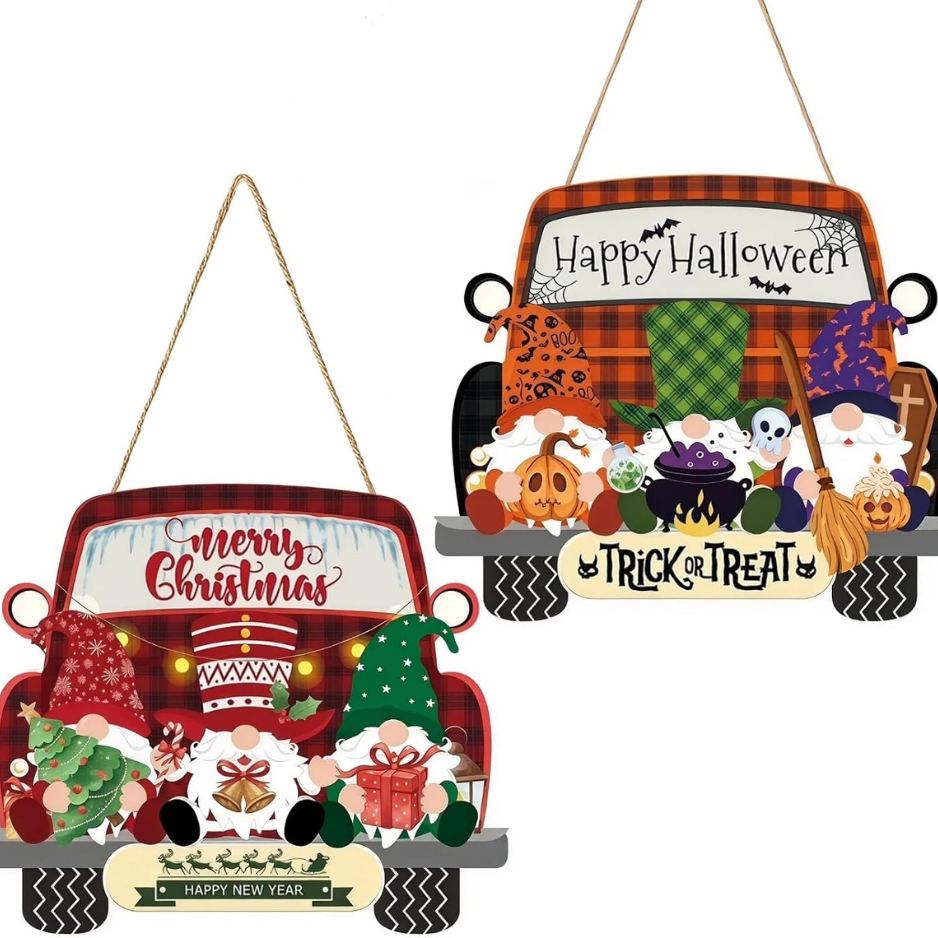 Halloween Gnome Door Sign, Double Sided Christmas Front Door Decor Two Sided Gnome Door Sign With Halloween And Christmas Designs Perfect For Front Doors