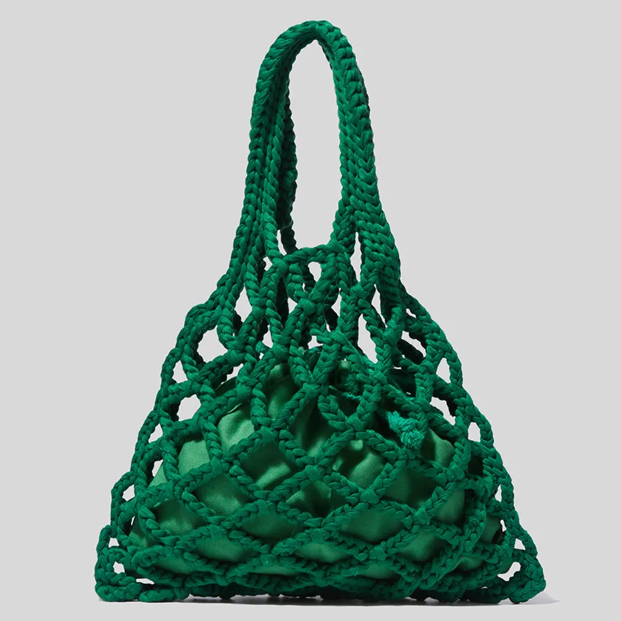Cotton And Linen Woven Handbag Small Mesh Tote - Green