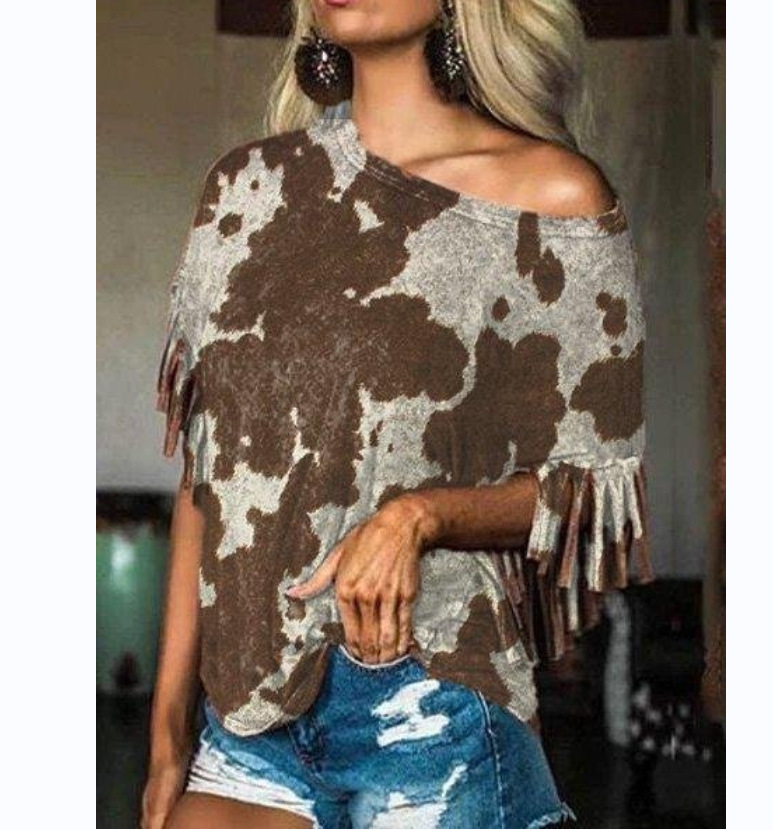 Title 3, Oversized T-Shirt Brown Printed Fringe Women