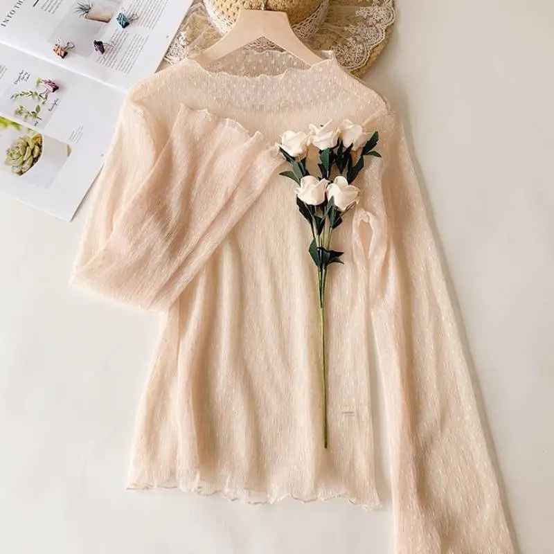 Perspective Lace Mesh Shirt Breathable Blouse Hollowed-out Tulle Polka Dot Overlay Top Long Sleeve - Apricot