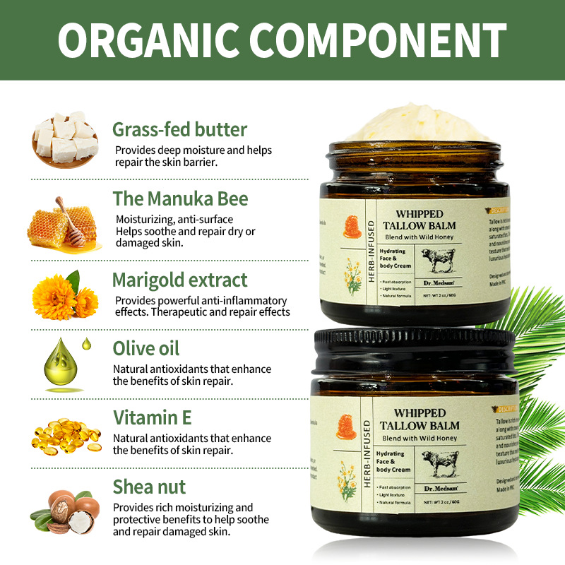 Herb Infused Whipped Grass Fed Beef Tallow Honey Balm, Natural Grass-Fed Tallow Face & Body Moisturizer, Dry Skin Barrier Repair Nourishing Body Butter Cream