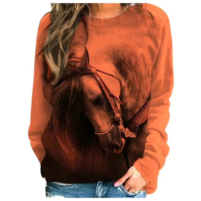 Round Neck Pullover Print Horse Pattern Long sleeved Street Hipster Sweater Women Orange - Shop at LoveMi