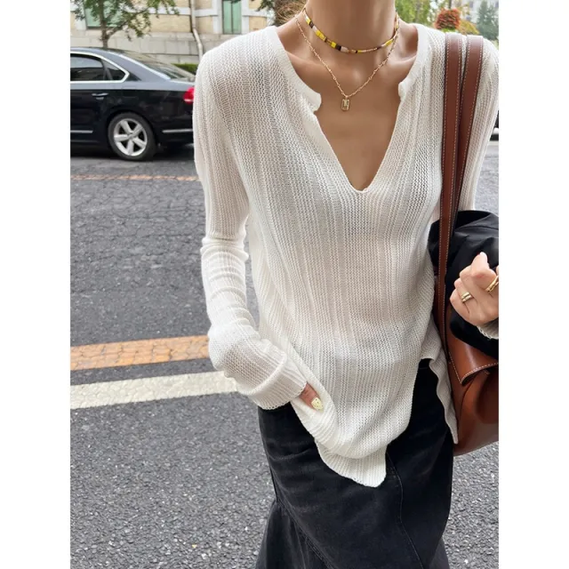 Senior Sense Gentle Top V neck Pit Strip Sweater Female Inner Match Slim Irregular White - Shop at LoveMi