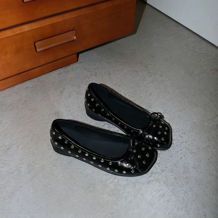 Women's Square Toe Studded Ballet Flats Bow Decor Slip On Casual Flat Shoes