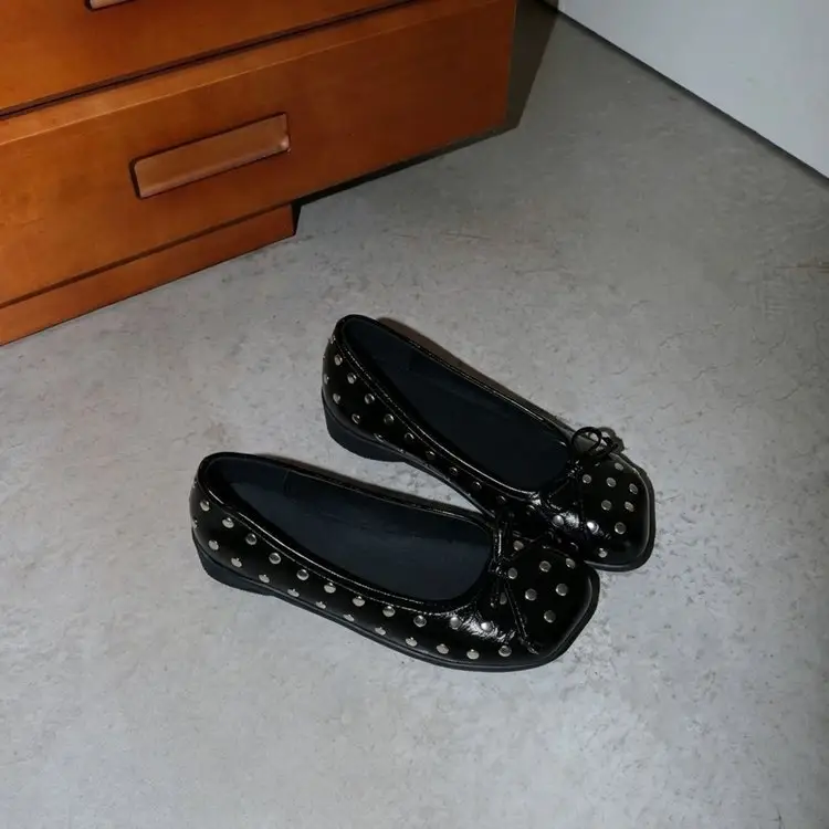 Women's Square Toe Studded Ballet Flats Bow