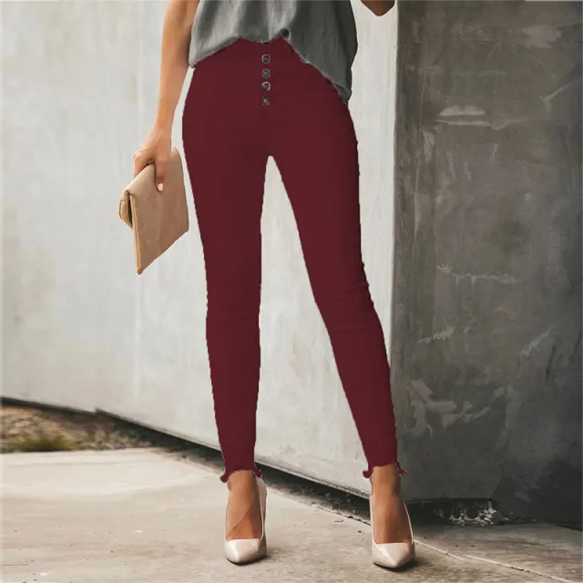 Fashion Casual Women's Solid Color Breasted Trousers Wine - Shop at LoveMi