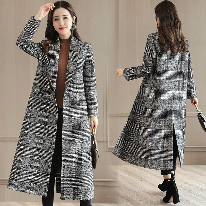 Women's Fashion Casual Tweed Suit Collar Black And White Plaid Jacket