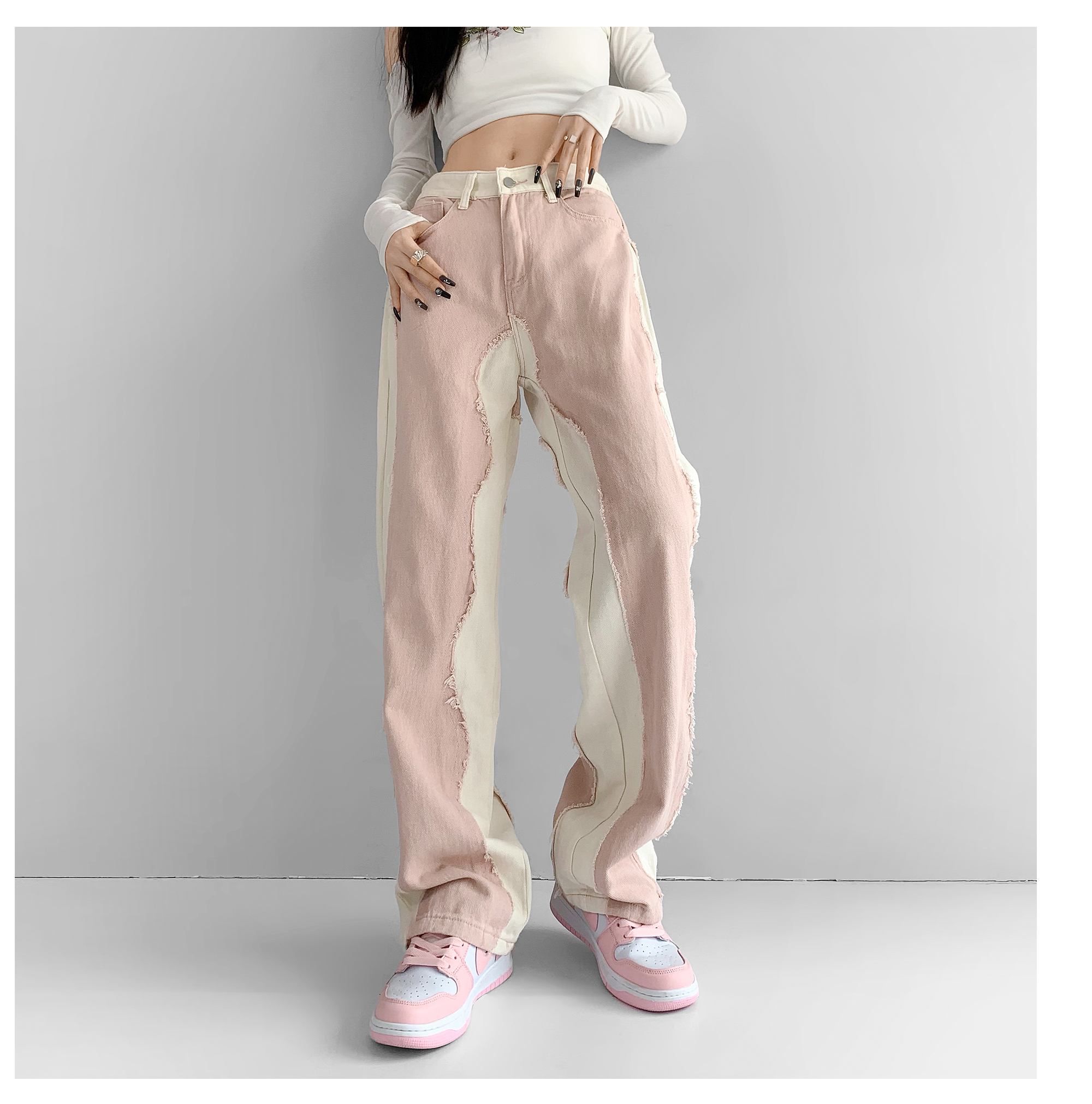Straight Denim Women's High Waist Pink Stitching - Shop at LoveMi