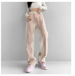 Straight Denim Women's High Waist - Pink Stitching - View 1