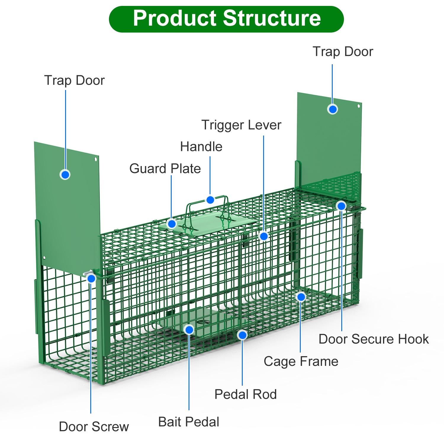 32in 2 Door Live Animal Cage Trap With Glove Green For Animals Under 12LBS Easy To Setup Humane Galvanized Iron Trap Cage For Rabbits Groundhogs Skunk Opossums Nutria Stray Cats 6