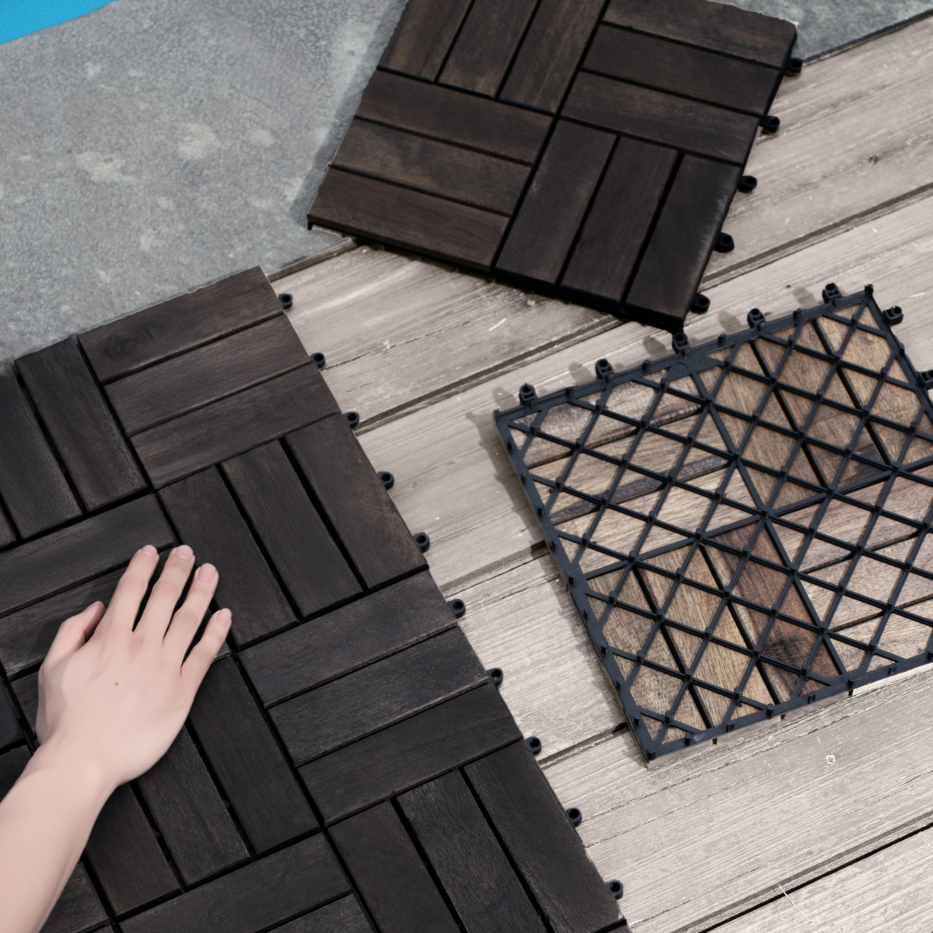 Acacia Wood Interlocking Deck Tiles Checker Pattern, 30 PCS 12inch X 12inch Dark Brown Square Acacia Hardwood Outdoor Flooring For Patio, Bancony, Pool Side