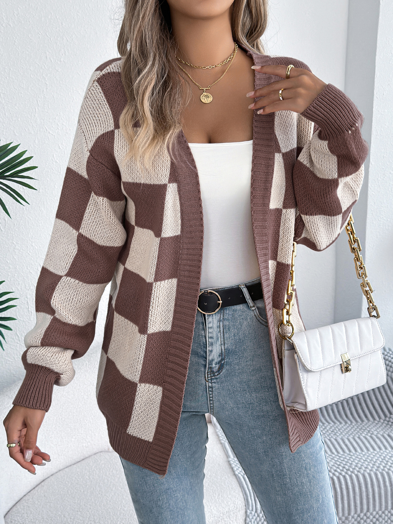 Color Block Plaid Lantern Sleeve Cardigan Sweater Mid-Length Coat - Image 14