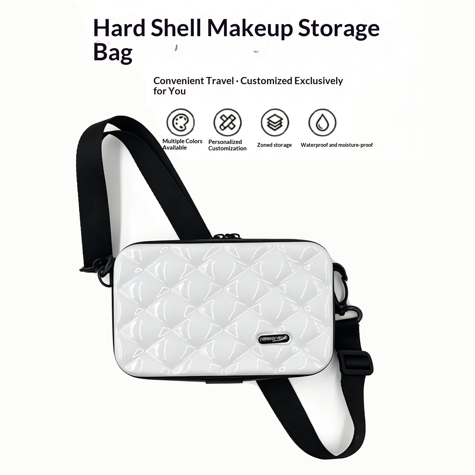Checked Clear Hard Shell Wash Bag 7 Inch, Large Capacity Waterproof Travel Toiletry Pouch With Crossbody Strap - White Check