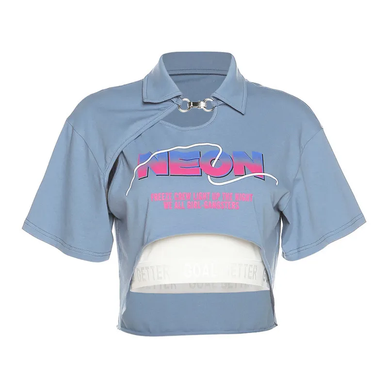 Solid Colour Slim Fit Cropped Navel Fashion Print Lapel Short Sleeve Two-Piece Set - Blue
