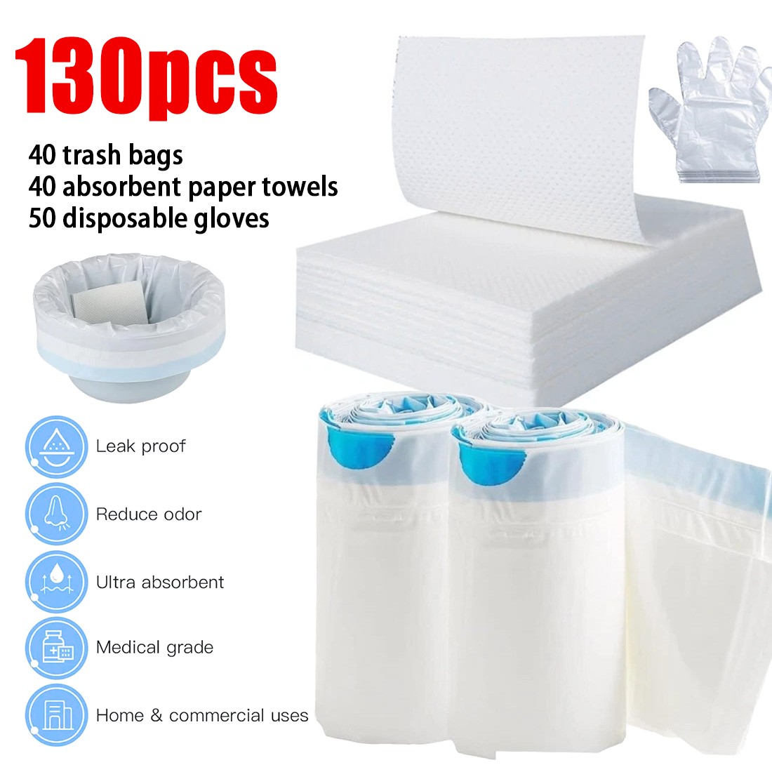 Pack Of 40 Commode Liners With Absorbent Pad Odorless Disposable Bags Universal - Image 1