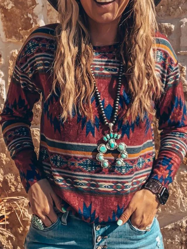 Retro Geometric Print Pullover Round Neck Loose fit Women's T shirt Lt260 - Shop at LoveMi