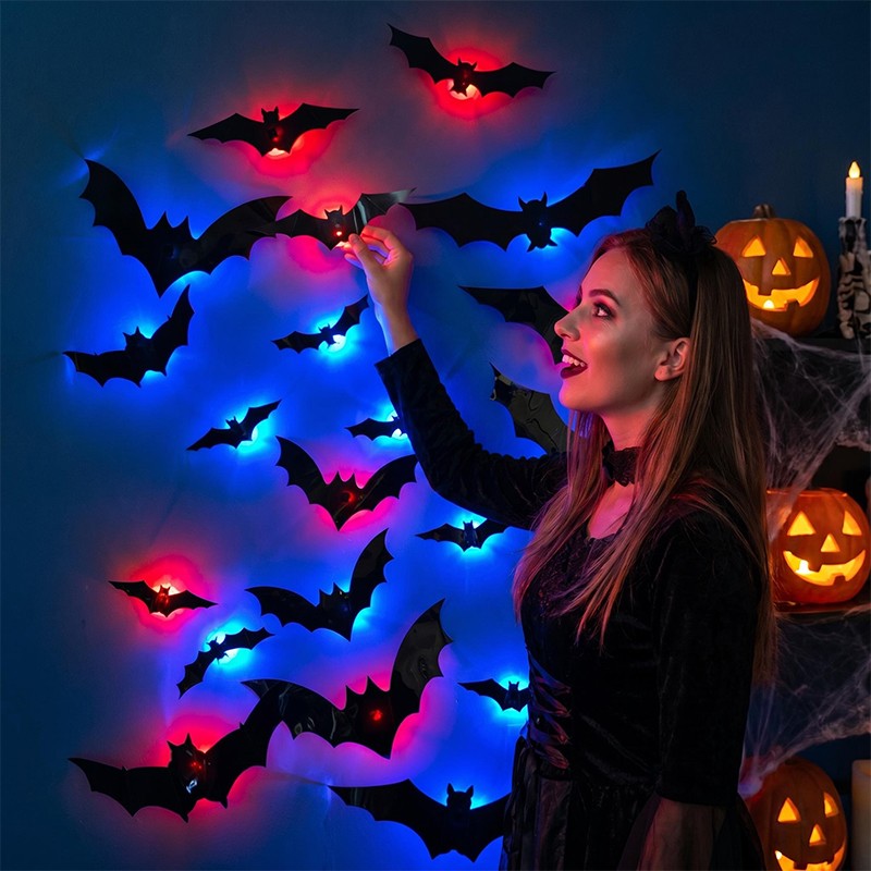 12-36pcs Bats Wall Decor Halloween Decorations 3D Realistic Bat With LED Lights — image 5