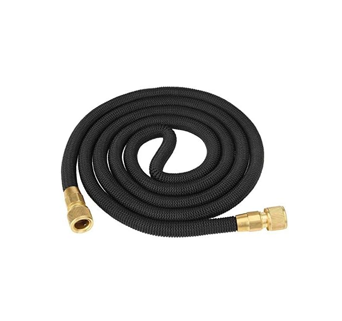 Flexible Garden Hose Set with Spray Gun. Can be extended to the corresponding 25, 50, 75, 100FT when filling with water. Once water passing through the pipe, the pipe will extend its length; if there is no water passing, it will shrink back to its origina