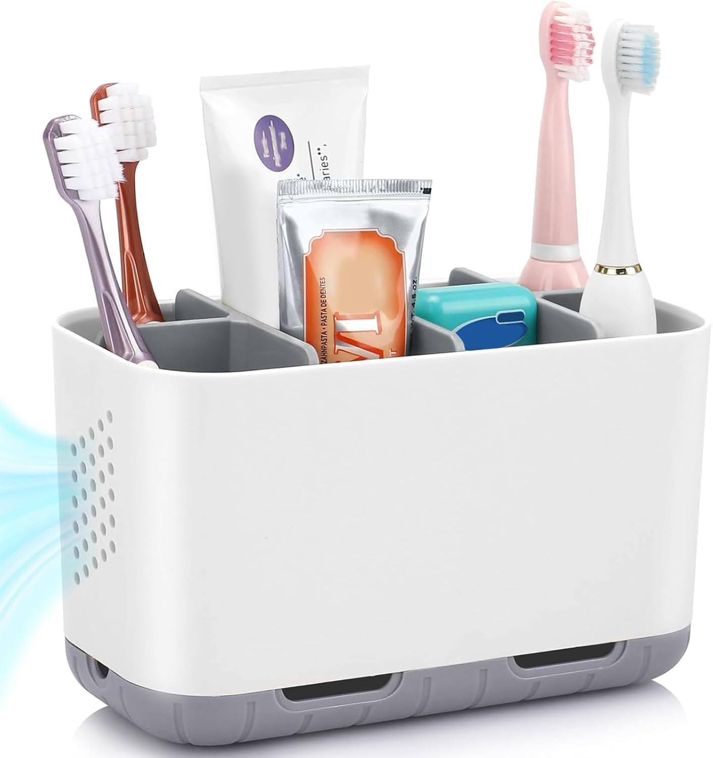 Porte-brosse à dents et dentifrice avec drainage, séparateurs réglables, chariot de comptoir de salle de bain antidérapant, gris