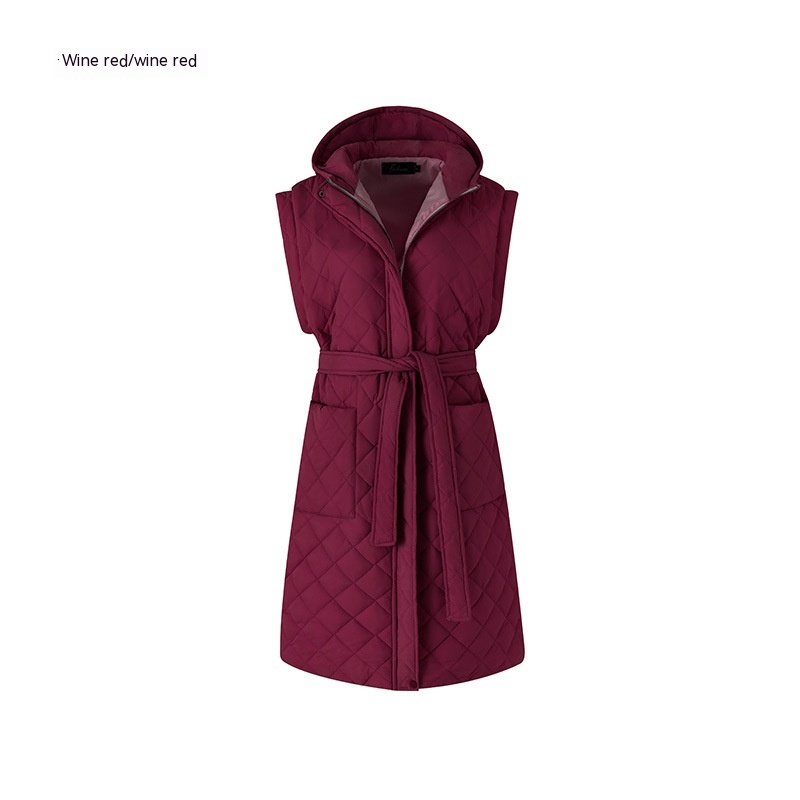 Thin Hood Cotton padded Women's Vest Slim fit Mid length Wine - Shop at LoveMi
