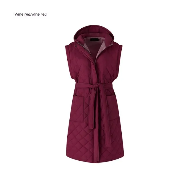 Thin Hood Cotton padded Women's Vest Slim fit Mid length Wine Red - Shop at LoveMi