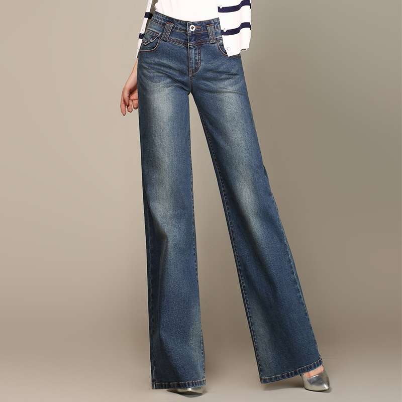 Spring And Autumn Women's Denim Straight Wide leg Casual Pants Sapphire 30 - Shop at LoveMi
