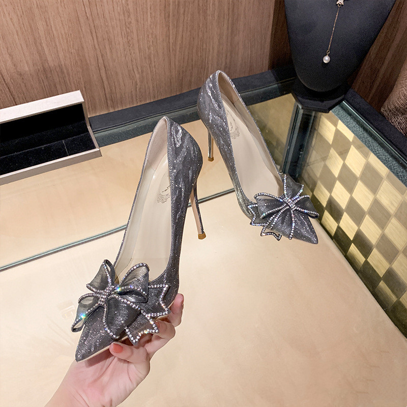 Pointed Toe Bow Knot Baotou Rhinestone Stiletto Crystal Bridesmaid Shoes High Heels
