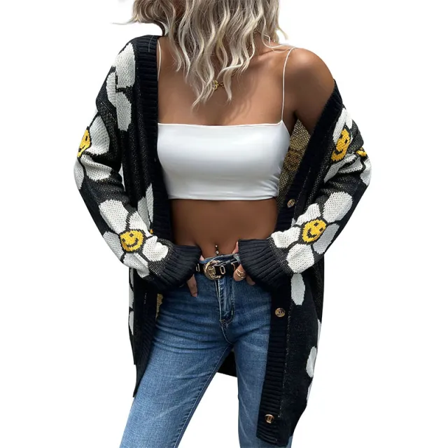Fashion Ladies Flower Long Sleeve Sweater Cardigan Black - Shop at LoveMi