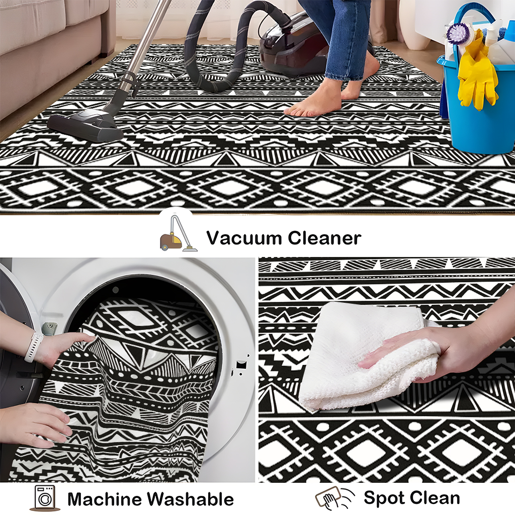 Black And White Geometric Ethnic Style Kitchen Carpet Three-piece Set Fashionable And Cool Artistic Sense Full Of Anti-skid And Stain Resistance Can Also Create A Kitchen Advanced Atmosphere Cashmere- 7