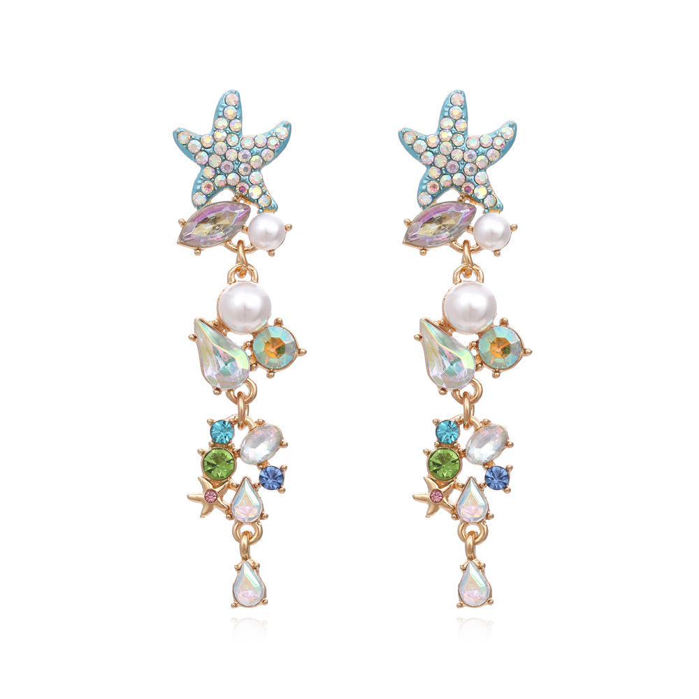 Exaggerated Long Diamond Starfish Pearl Earrings