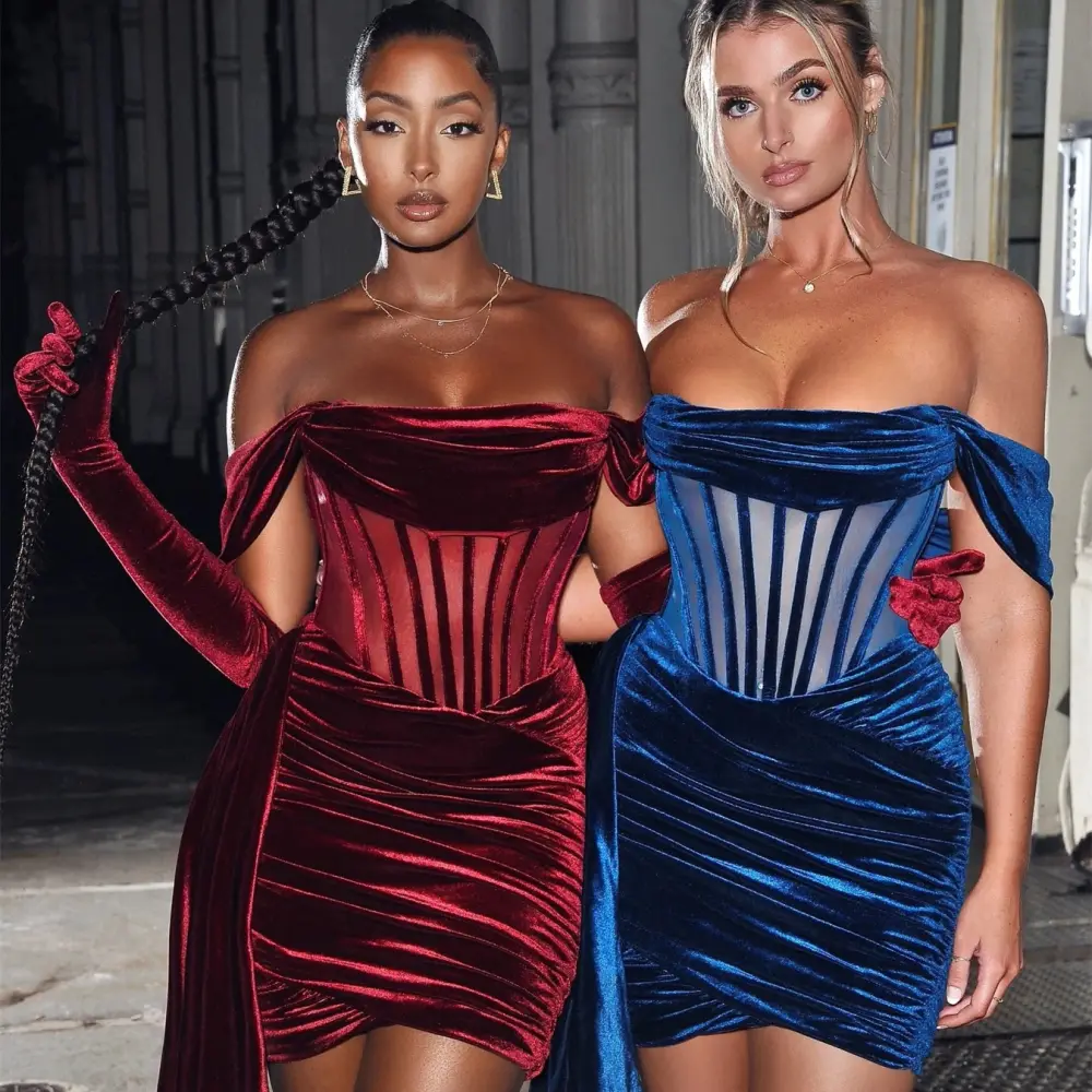 Women's Velvet with Breast Sexy Evening Dress