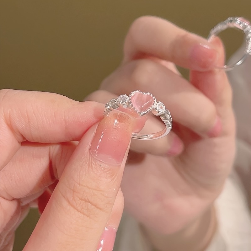 1PC Women's Pink Heart Index Finger Ring, Trendy Luxury Open Adjustable, Sweet Girly Gift... thumbnail 1