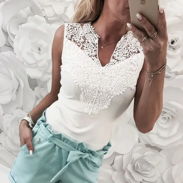 Women's Solid Color Stitching Lace V neck T shirt White - Shop at LoveMi