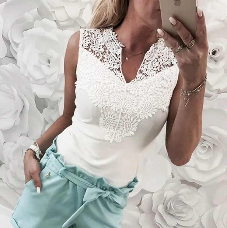 Women's Solid Color Stitching Lace V-neck T-shirt - White