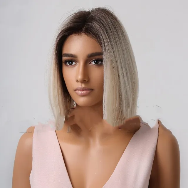 Medium Gradient White Shoulder length Short Straight Hair Wig Wig - Shop at LoveMi