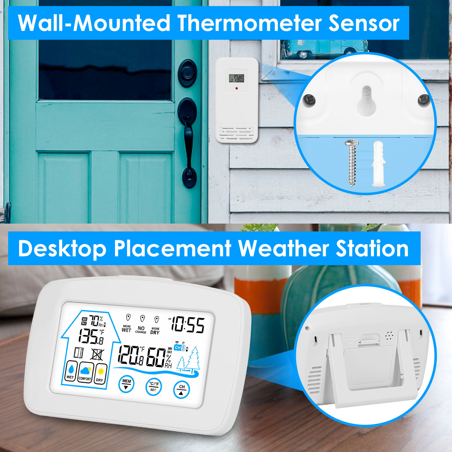Wireless Weather Station With Clock 196FT Range Indoor Outdoor Th…