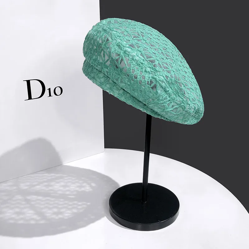 Women's Fashionable Woven Hollow Beret Hat - Green