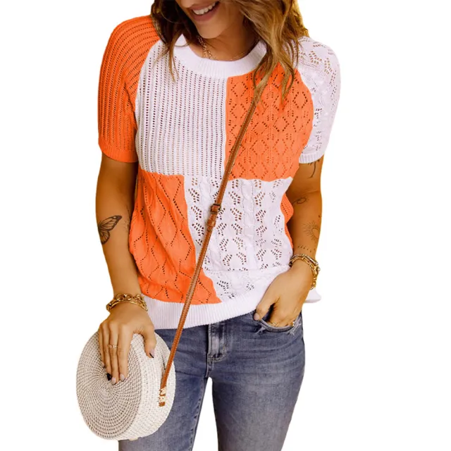 New Fashion European And American Color blocking Knitted Short sleeved T shirt Top Knitted Sweater Orange - Shop at LoveMi