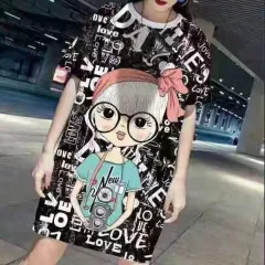 Short Sleeved Loose Fitting Oversized Summer Breathable T-shirt Dress - Black Camera Girl - View 1