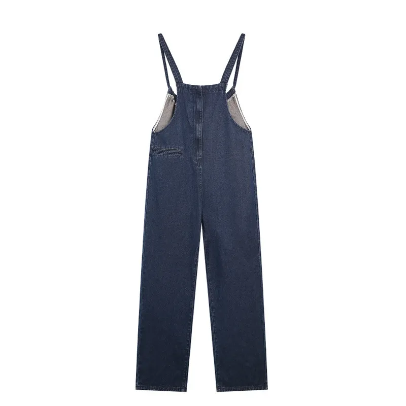 French Denim Suspender Pants Summer Women's Thin Design Loose Wide-leg Straight Pants - Blue
