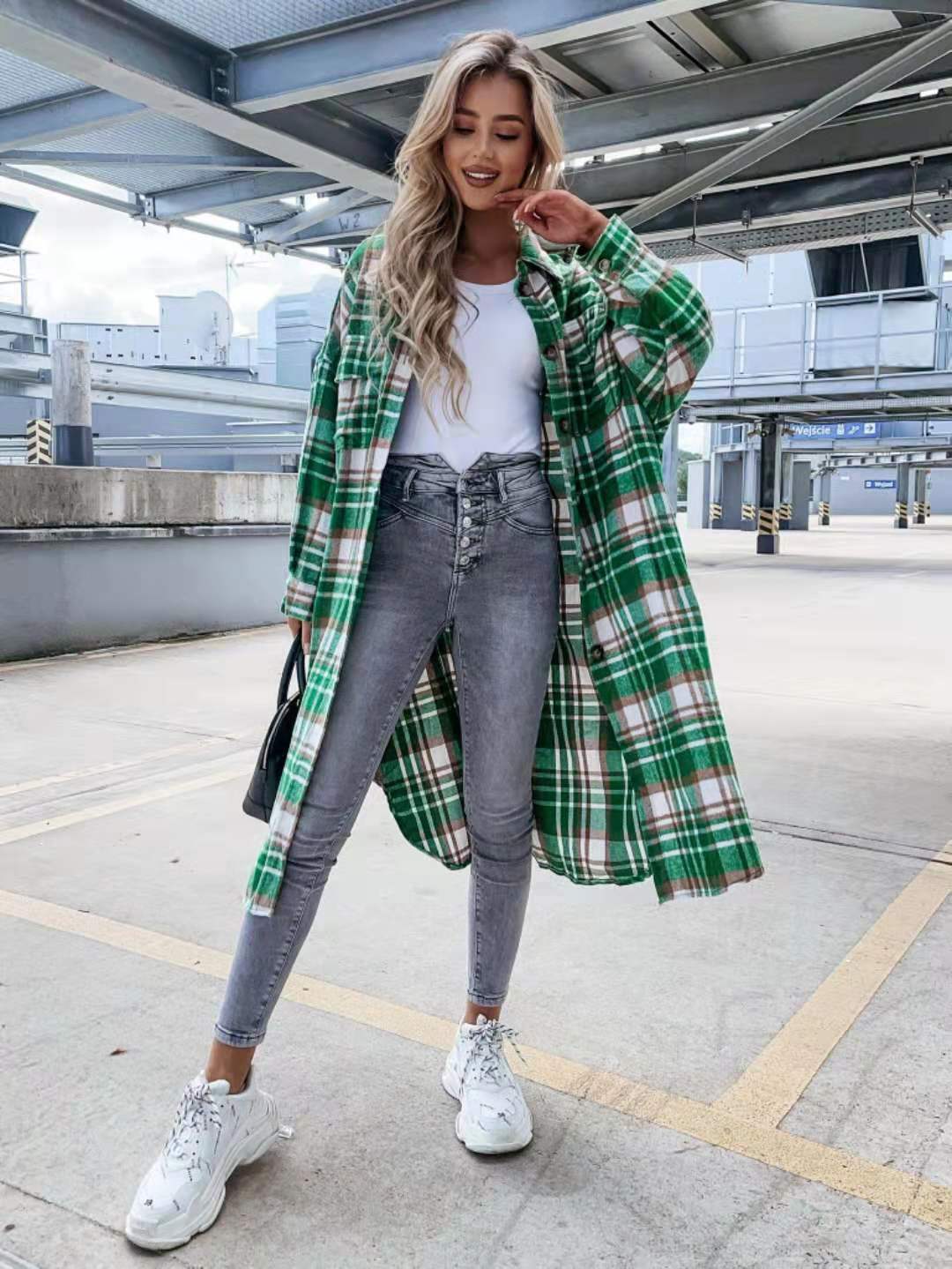 New Style Lengthened Plaid Shirt Jacket Women's