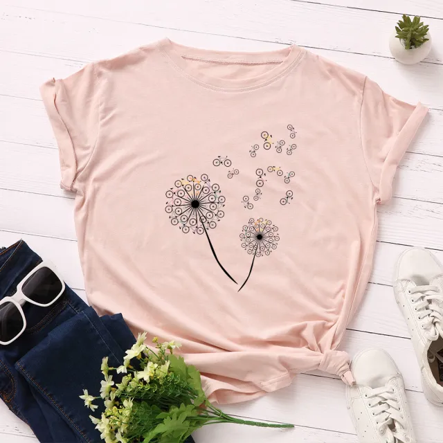 Women's Loose Dandelion Bike Round Neck Short Sleeve T shirt Pink - Shop at LoveMi