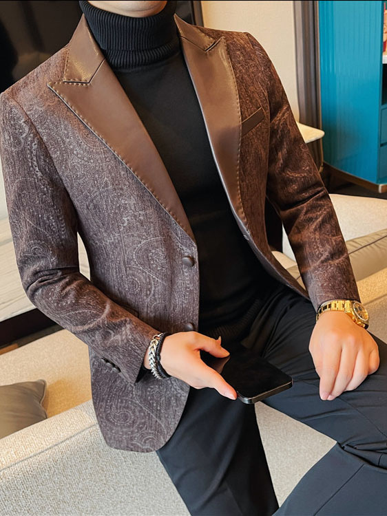 Jacquard Velvet Leather Lapel Men's Blazer