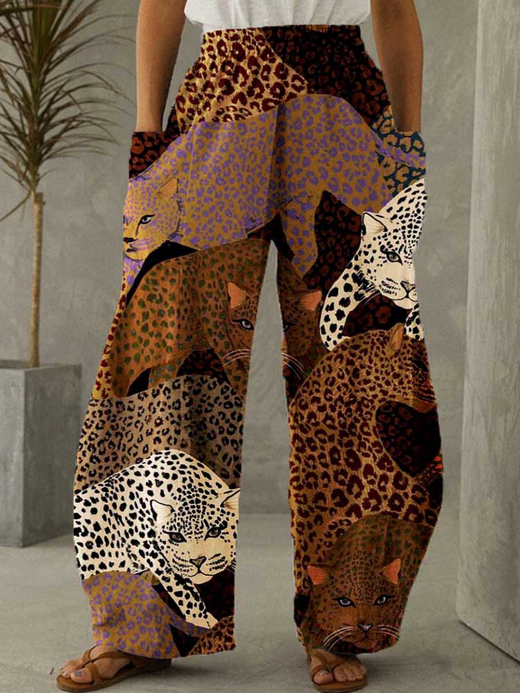 Mid-Rise Trousers Straight-Leg Brown Print