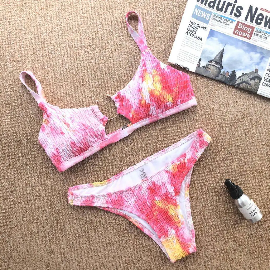 Solid Colour Pleated Cutout Bikini - Pink